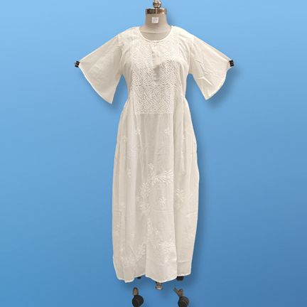 S/M Special Embroidery White Cotton Dress 56" Long Jalabiya