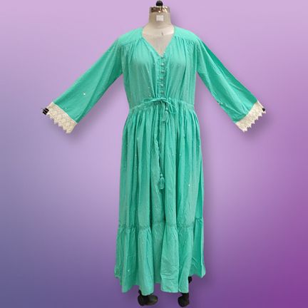 S/M Ari Crystal Aqua Plain Solid Cotton Dress 57" Long Jalabiya
