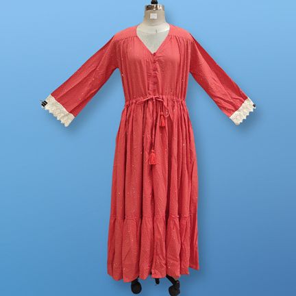 S/M Ari Crystal Red Plain Solid Cotton Dress 57" Long Jalabiya