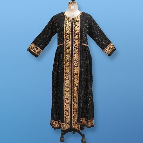 L/XL Bhopali Crystal Black Golden Dress 56" Long Jalabiya