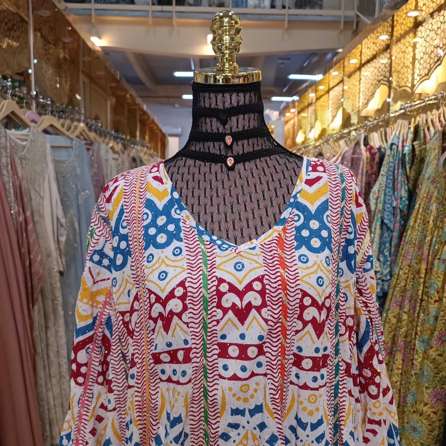 L/XL Meher Crystal Multi Printed Cotton Dress 57" Long Jalabiya