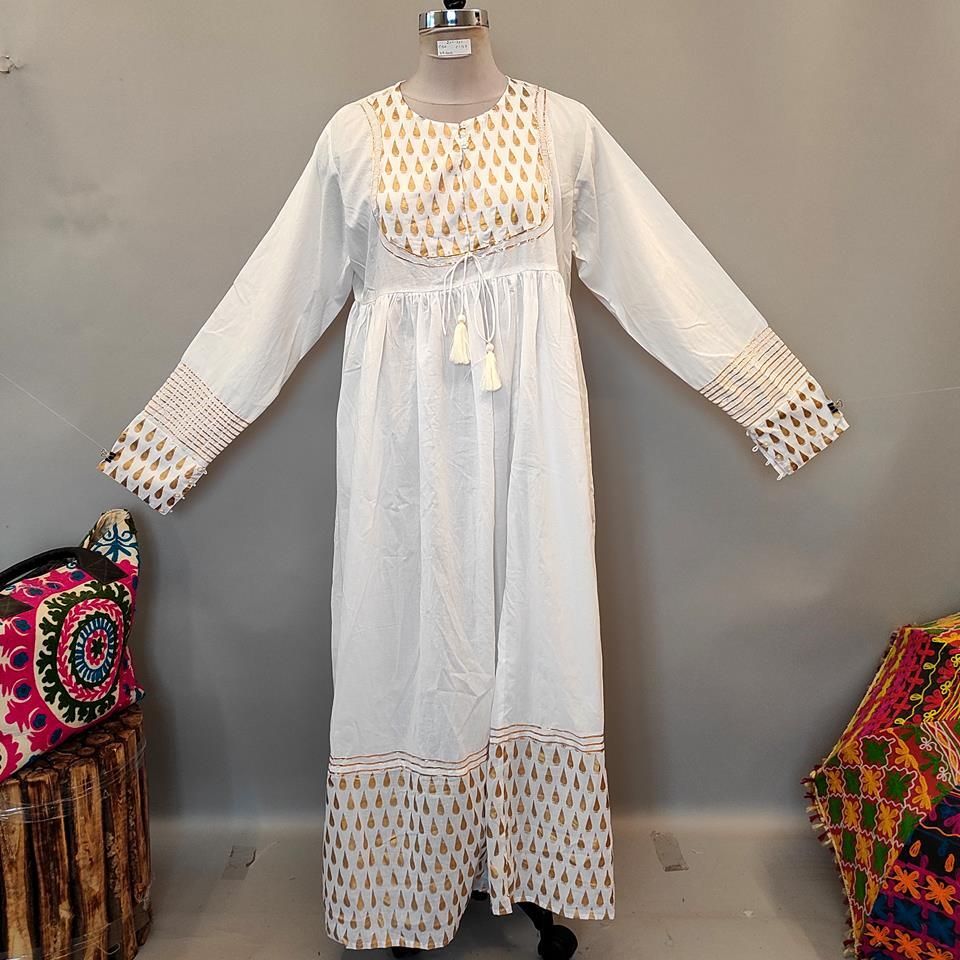 2XL/3XL Bahisa White Golden Cotton Dress 57" Long Jalabiya