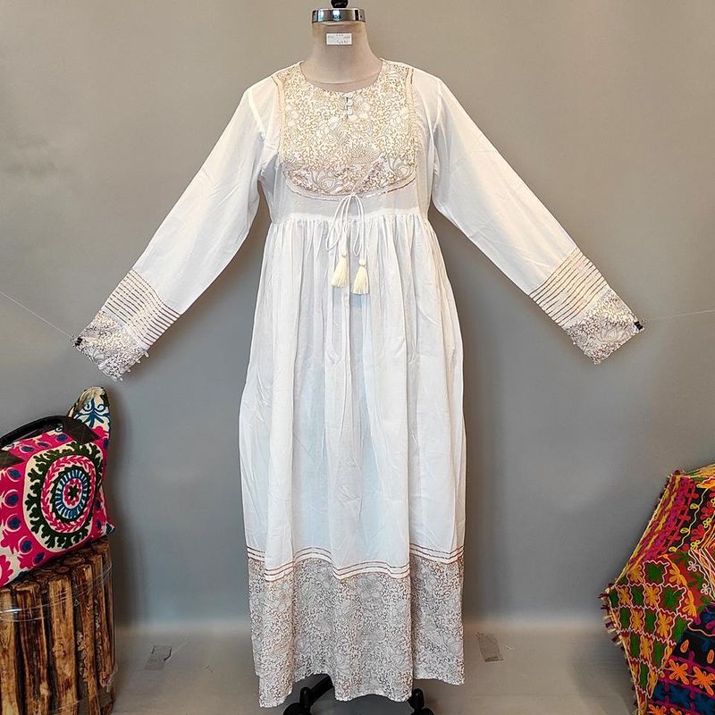 L/XL Bahisa White Golden Cotton Dress 57" Long Jalabiya