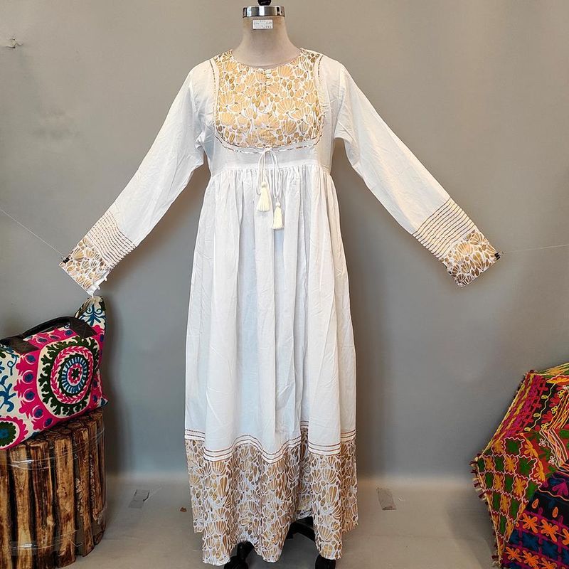 L/XL Bahisa White Golden Cotton Dress 57" Long Jalabiya