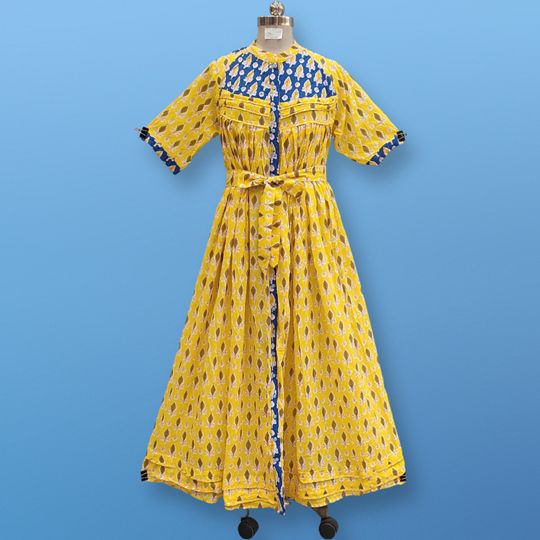 L/XL Baha Printed Cotton Dress 57" Short Sleeves Jalabiya