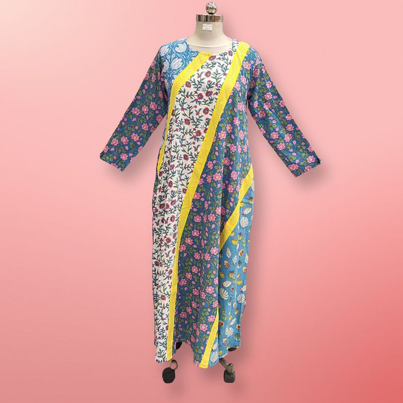 S/M Nury Crystal Multi Printed Cotton Dress 56" Long Jalabiya