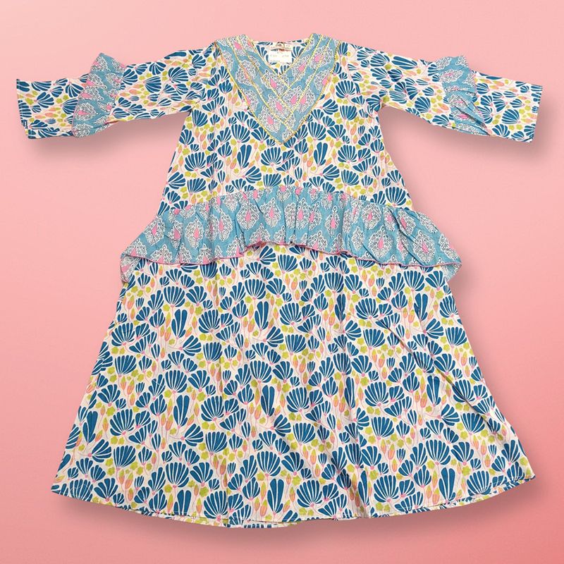 8-9 Year Aiba Printed Cotton Girls Dress 42" Long Jalabiya