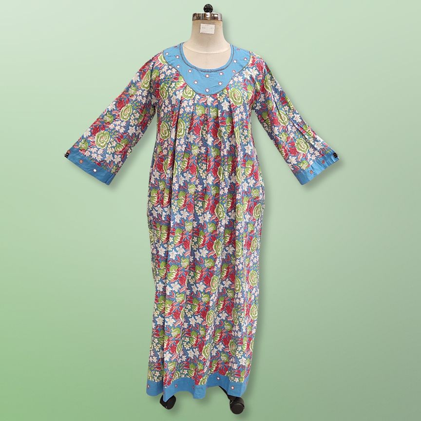 L/XL Lara Printed Cotton Dress 57" Long Jalabiya