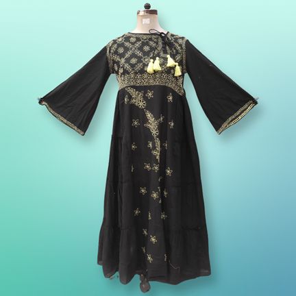 S/M Cindrella Embroidery Black Cotton Dress 57" Long Jalabiya