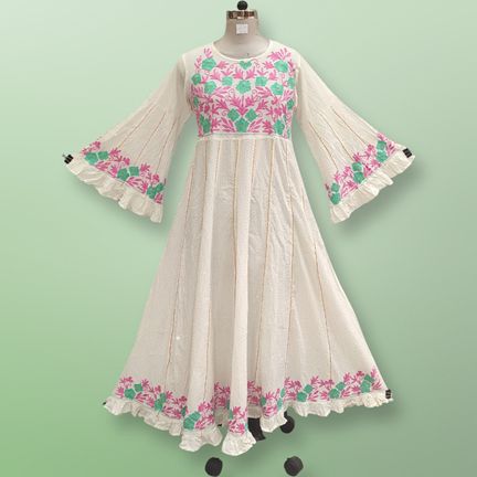 S/M Yaqu Crystal Embroidery White Cotton Dress 57" Long Jalabiya