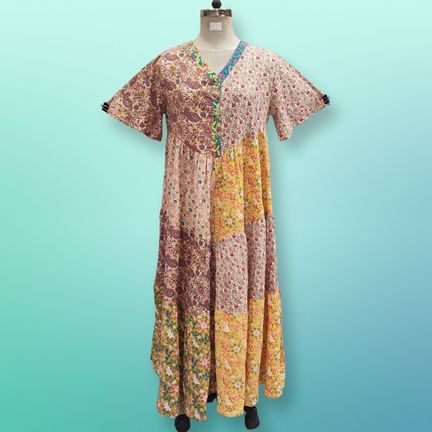 L/XL Zaib Multi Printed Cotton Dress 57" Short Sleeves Jalabiya