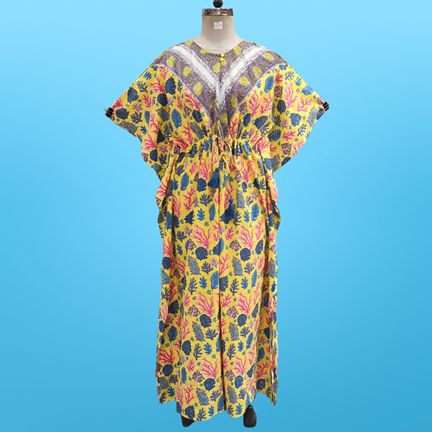 Free Size Farasha Printed Kaftan Cotton Dress 57" Long Jalabiya