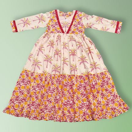 10-11 Year Zahida red Printed Cotton Girls Dress 46" Long Jalabiya