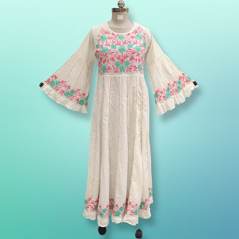 S/M Yaqu Crystal Embroidery White Cotton Dress 57" Long Jalabiya