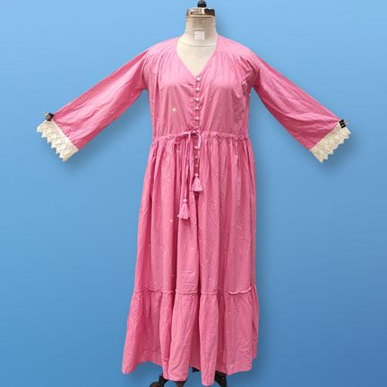 2XL/3XL Ari Crystal Pink Plain Solid Cotton Dress 57" Long Jalabiya