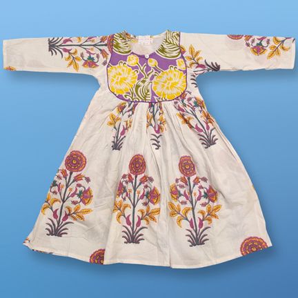 1-2 Year Masira Purple Printed Cotton Girls Dress 26" Long Jalabiya