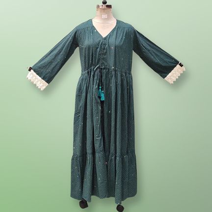 2XL/3XL Ari Crystal Dark Green Plain Solid Cotton Dress 57" Long Jalabiya