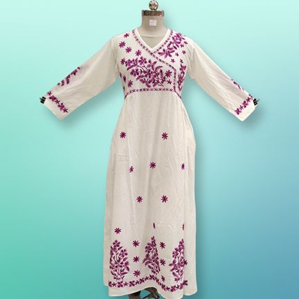 2XL/3XL Lairah Embroidery White Cotton Dress 56" Long Jalabiya
