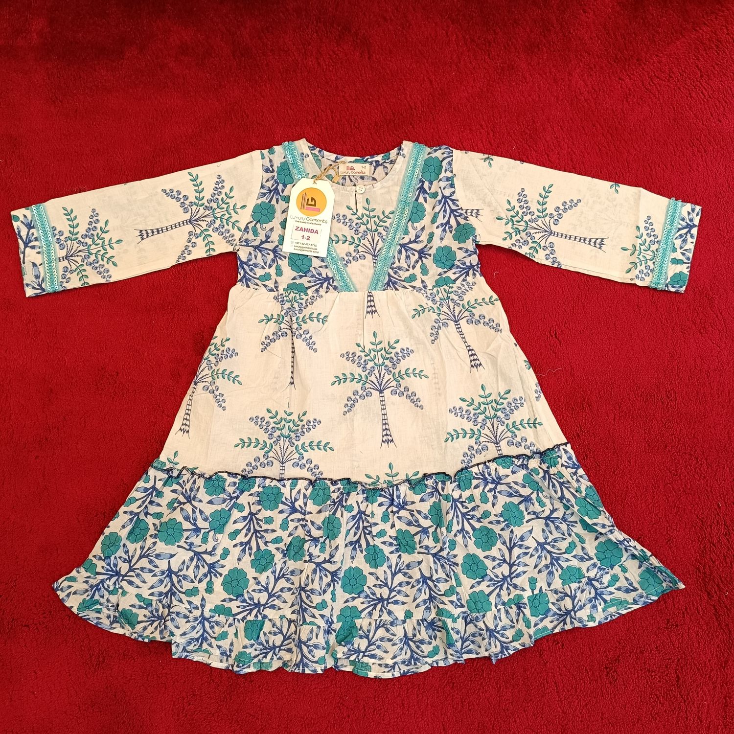 1-2 Year Zahida Blue Printed Cotton Girls Dress 26" Long Jalabiya