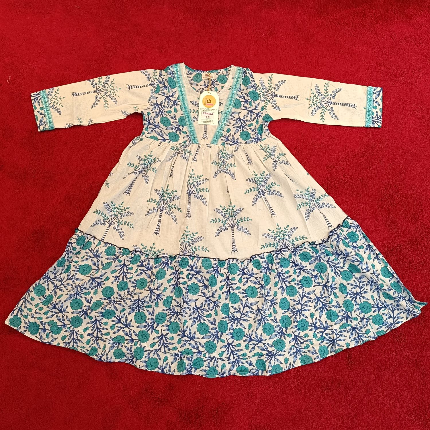 4-5 Year Zahida blue Printed Cotton Girls Dress 34" Long Jalabiya