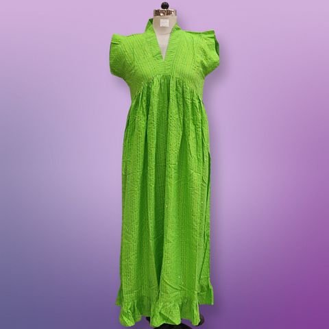 S/M Amani Crystal Green Plain Solid Cotton Dress 56" Short Sleeves Jalabiya