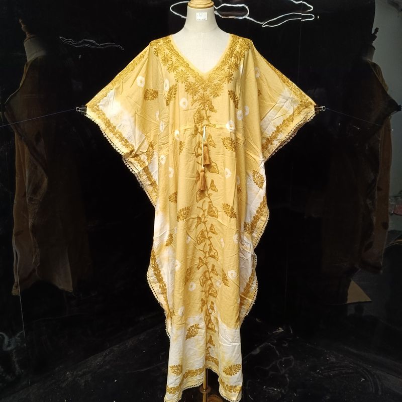 Free Size Farasha Embroidery  Kaftan Cotton Dress 56" Long