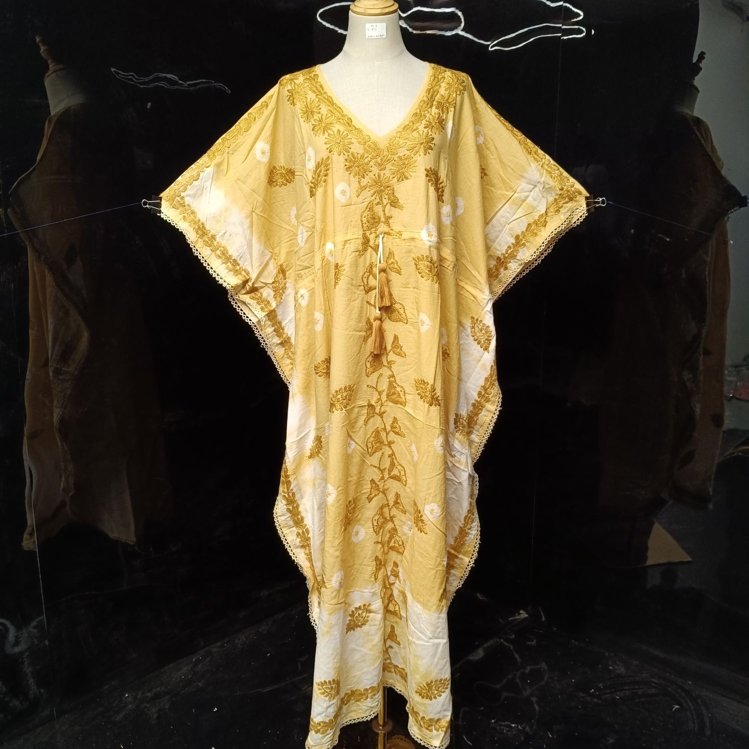 Free Size Farasha Embroidery  Kaftan Cotton Dress 56" Long