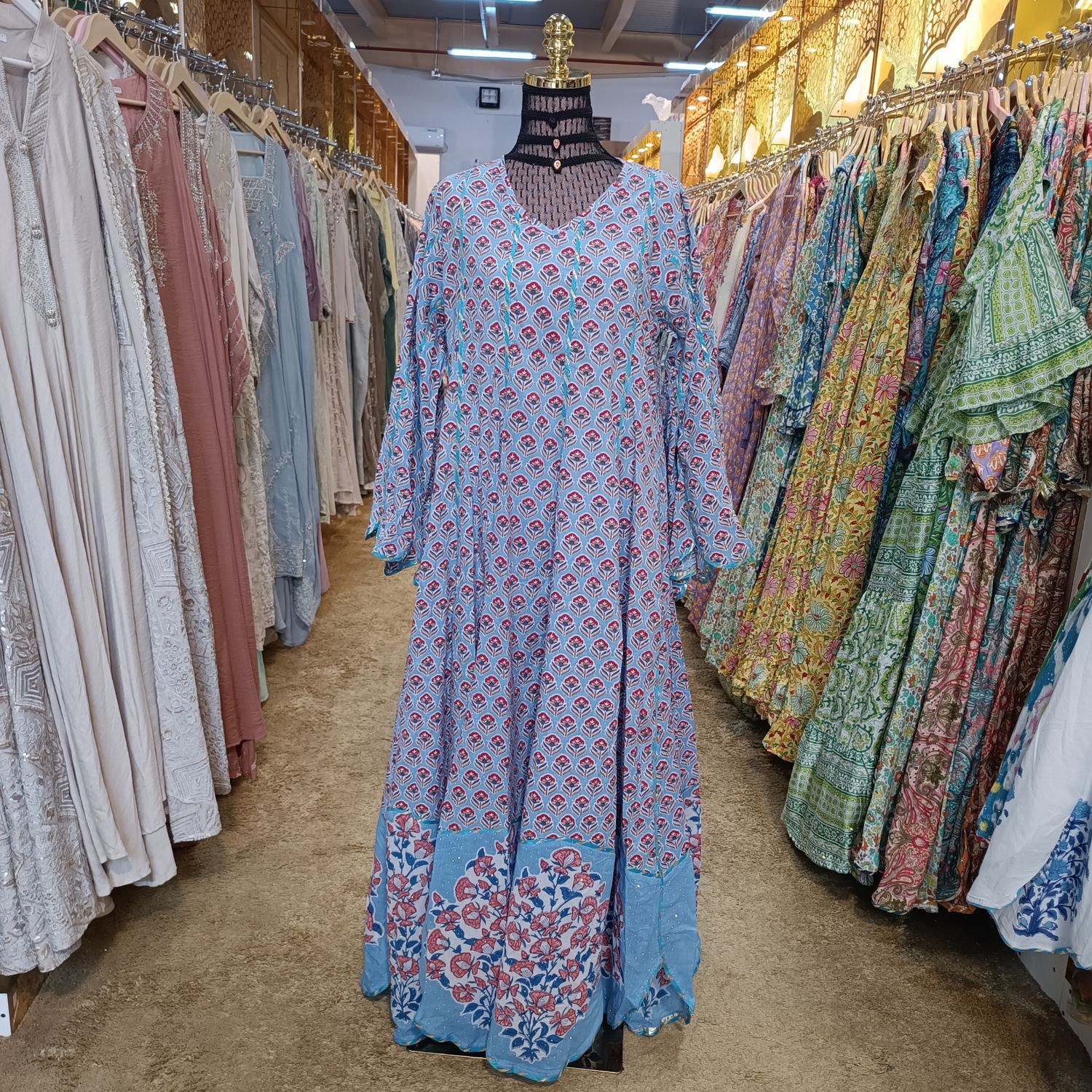 S/M Meher Crystal Multi Printed Cotton Dress 57" Long Jalabiya