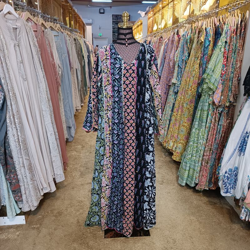 L/XL Meher Crystal Black Multi Printed Cotton Dress 57" Long Jalabiya