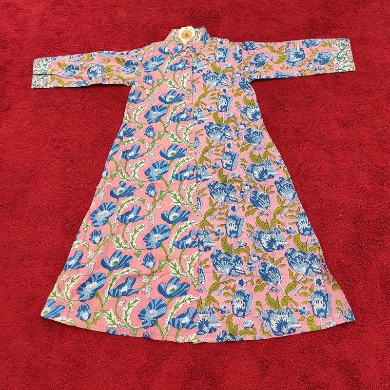 6-7 Year Singapore Pink Printed Cotton Girls Dress 38" Long Jalabiya