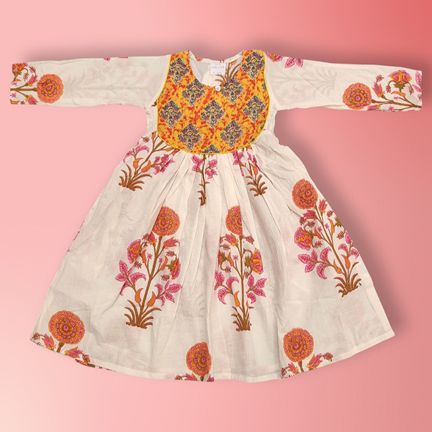 4-5 Year Masira Yellow Printed Cotton Girls Dress 33" Long Jalabiya