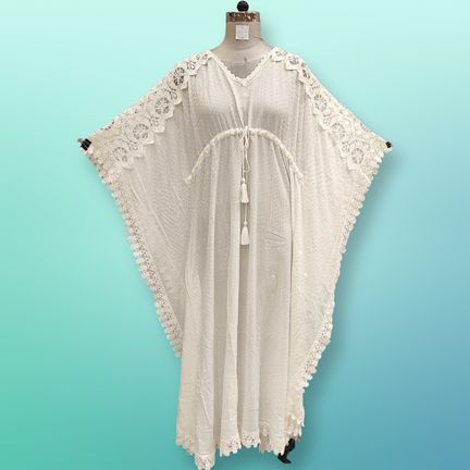 Free Size Farasha Crystal White Kaftan Cotton 52" Long Jalabiya