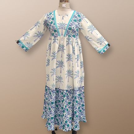 2XL/2XL Zahida blue Printed Cotton Dress 57" Long Jalabiya