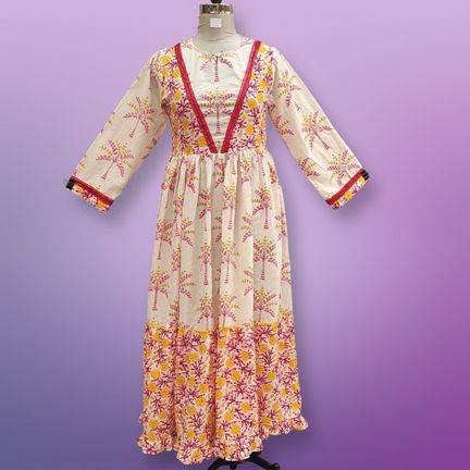 2XL/3XL Zahida red Printed Cotton Dress 57" Long Jalabiya