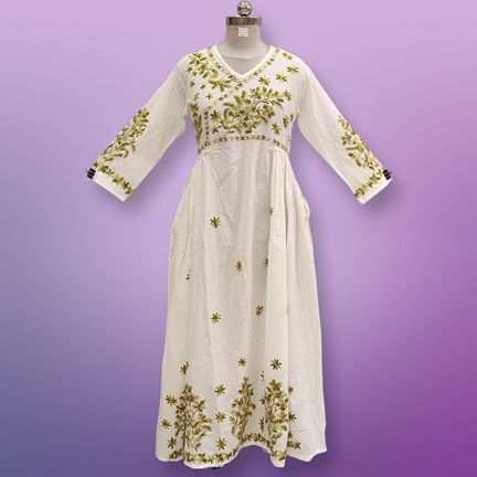 2XL/3XL Lairah Embroidery White Cotton Dress 55" Long Jalabiya