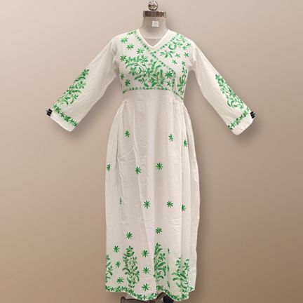 XS/S Lairah Embroidery White Cotton Dress 54" Long Jalabiya