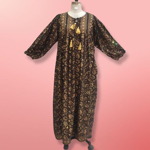 L/XL Sapphire Crystal Black Golden Cotton Dress 56" Long Jalabiya