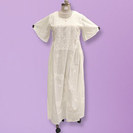 S/M Special Embroidery White Cotton Dress 56" Long Jalabiya