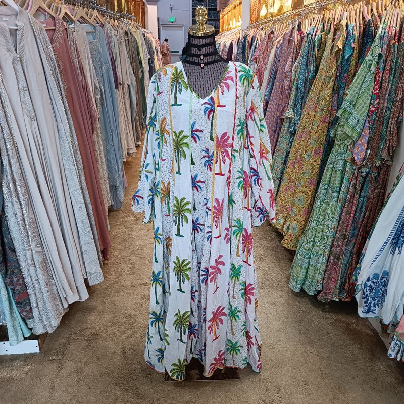 2XL/3XL Meher Crystal white Printed Cotton Dress 57" Long Jalabiya