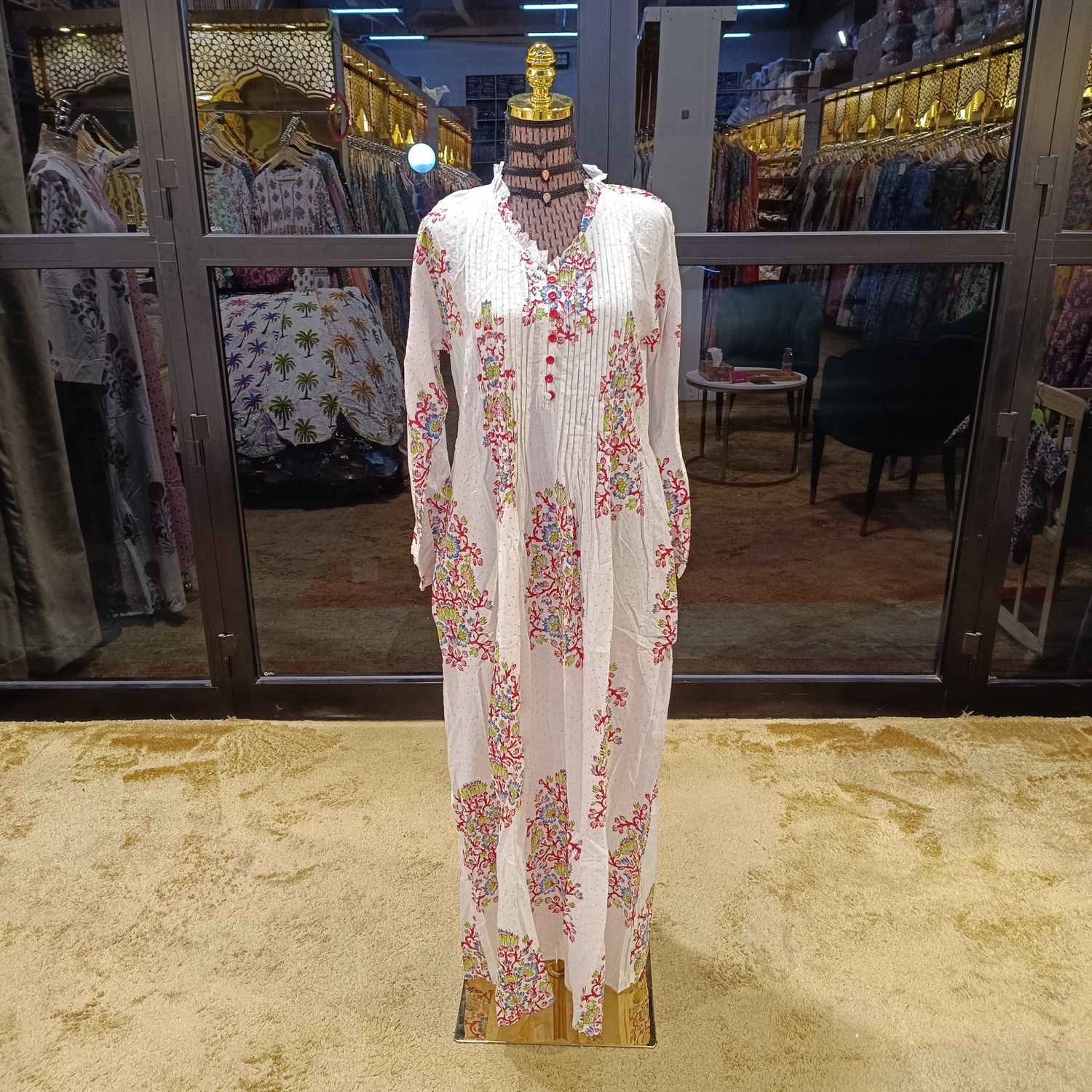 S/M Crystal Sparrow Printed Cotton Dress 57" Long Jalabiya