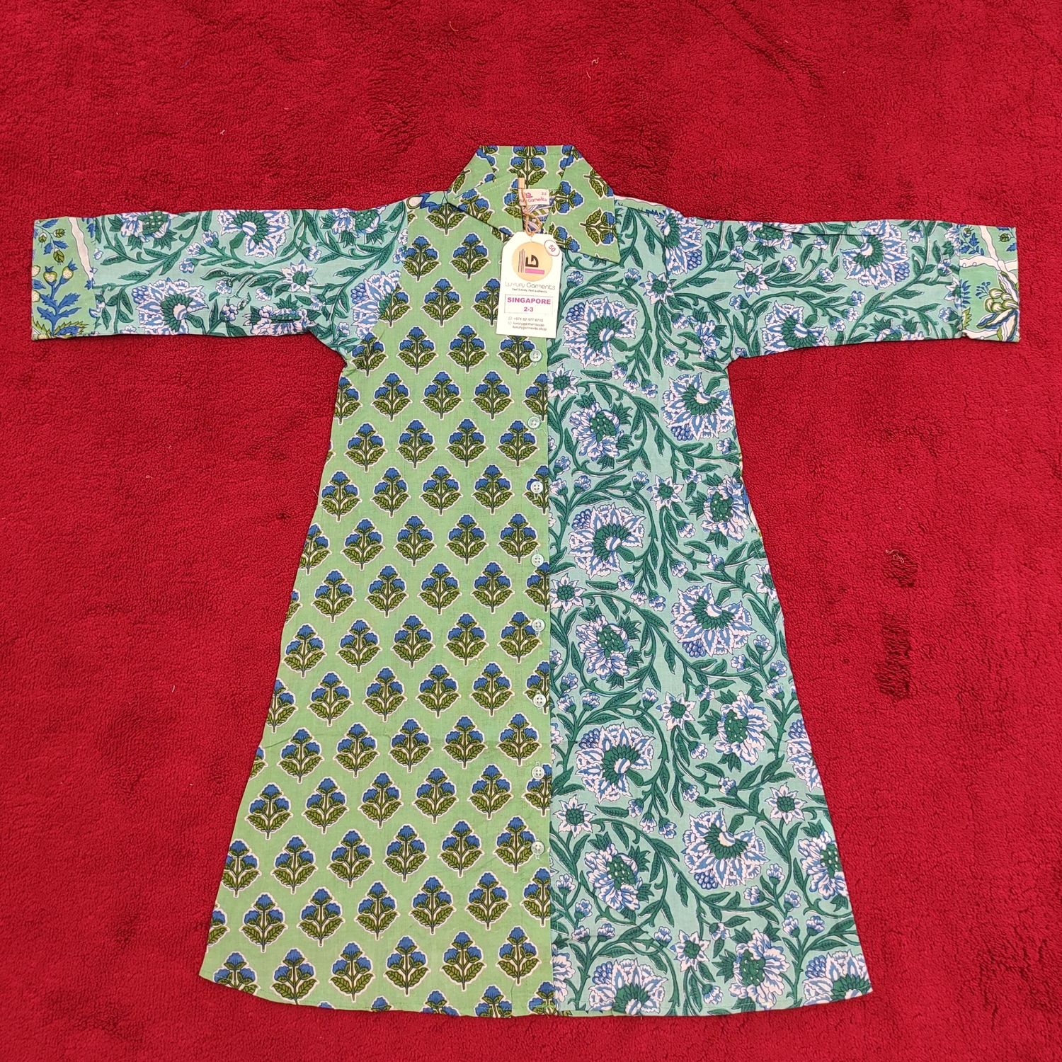 2-3 Year Singapore Blue Printed Cotton Girls Dress 29" Long Jalabiya