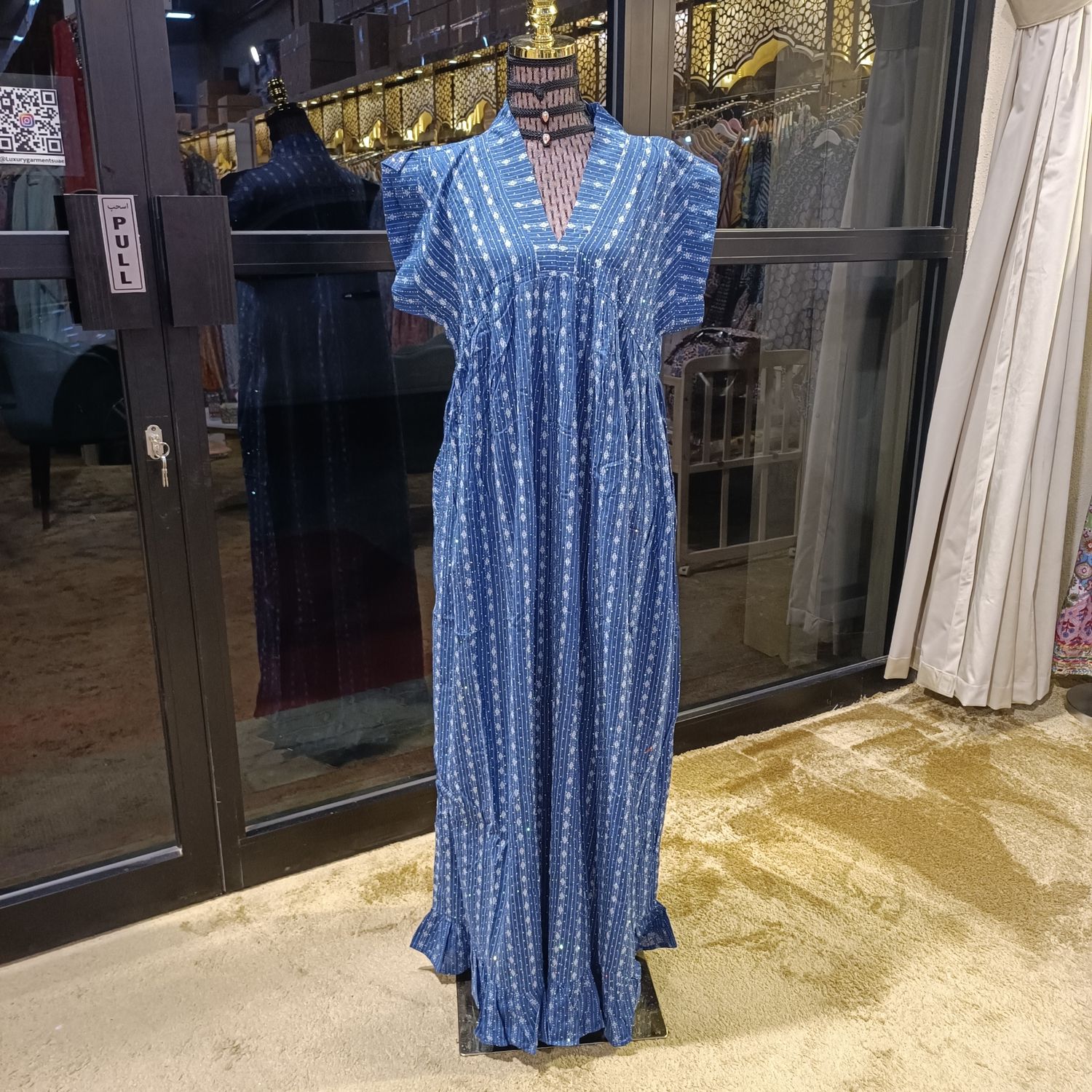 S/M Amani Crystal Printed Cotton Dress 57" Short Sleeves Jalabiya