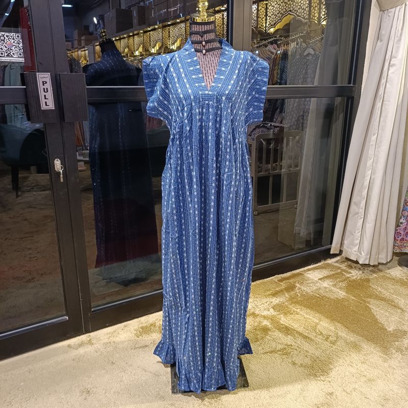 S/M Amani Crystal Printed Cotton Dress 57" Short Sleeves Jalabiya