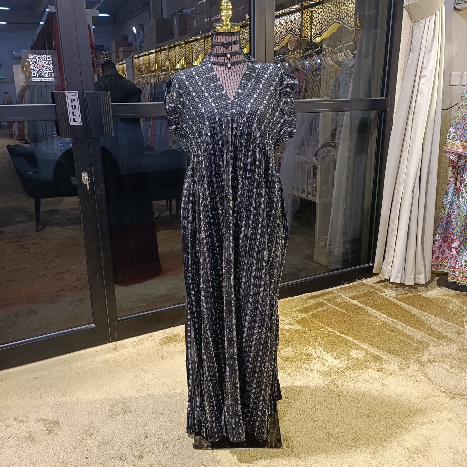 2XL/3XL Amani Crystal Printed Cotton Dress 57" Short Sleeves Jalabiya