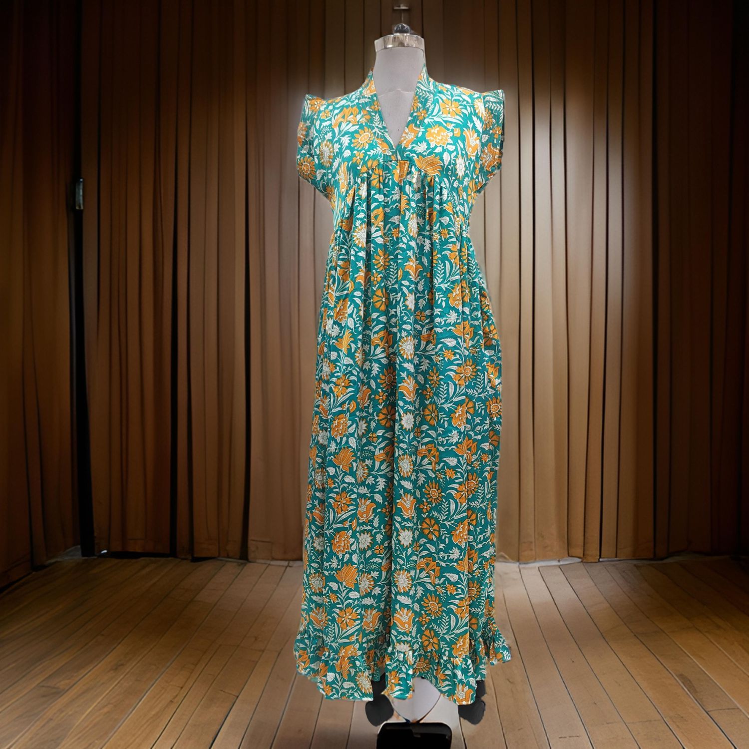 S/M Satin Teena Printed Cotton Dress 57" Short Sleeves Jalabiya