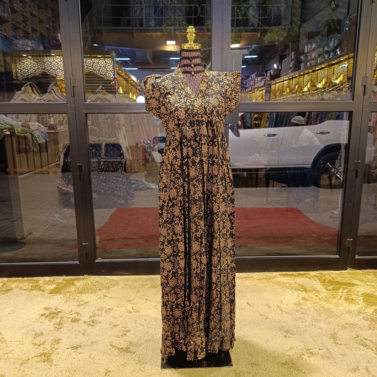 XS/S Amani Crystal Black gold Printed Cotton Dress 54" Short Sleeves Jalabiya