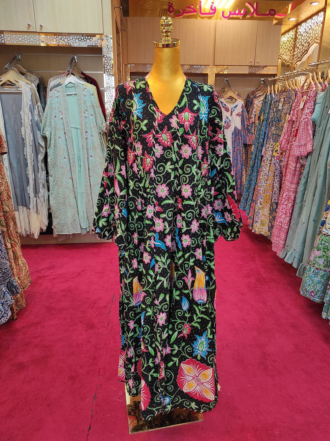 L/XL Meher Crystal Black Printed Cotton Dress 57" Long Jalabiya