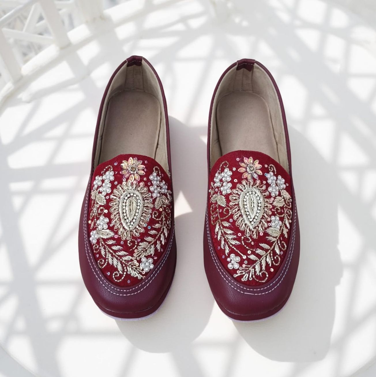 Leather Maroon Hand Embroidered Indian Style Loafers Size - 39
