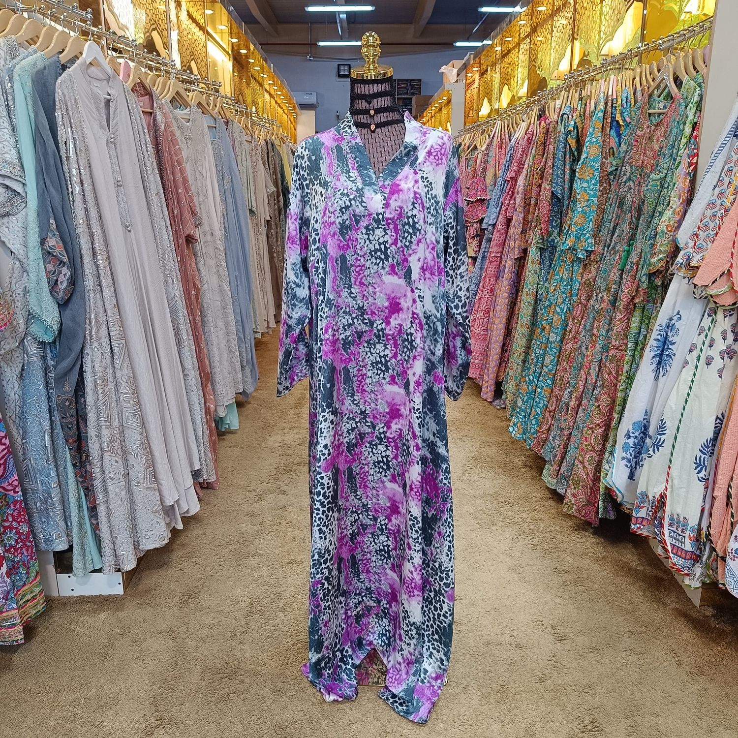 L/XL Teena Silk Printed Dress 56" Long Jalabiya