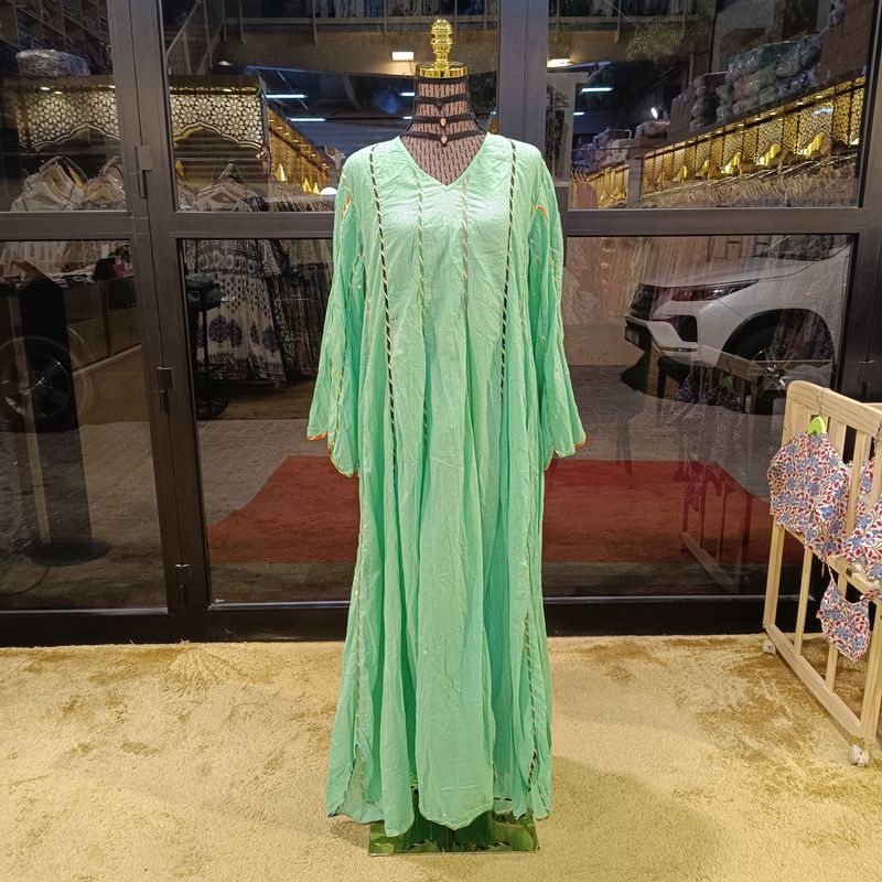 S/M Meher Green Gold Printed Crystel Cotton Dress 56" Long Jalabiya